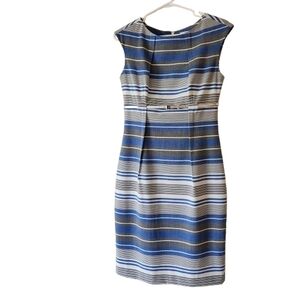 Calvin Klein Size 4 Striped Sheath Dress - Blue White Gray + Silver Belt